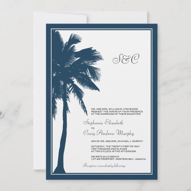 Navy Blue Palm Tree Wedding Invitation (Front)