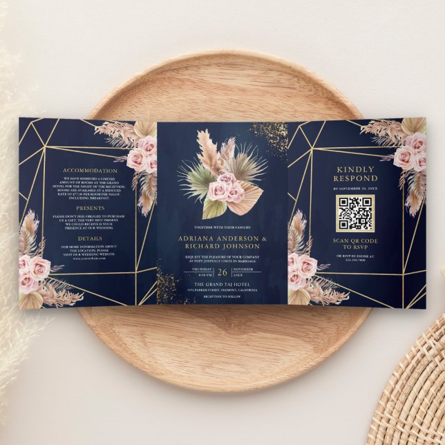 Navy Blue Pampas Dusty Pink Roses QR Code Wedding Tri-Fold Invitation (Creator Uploaded)