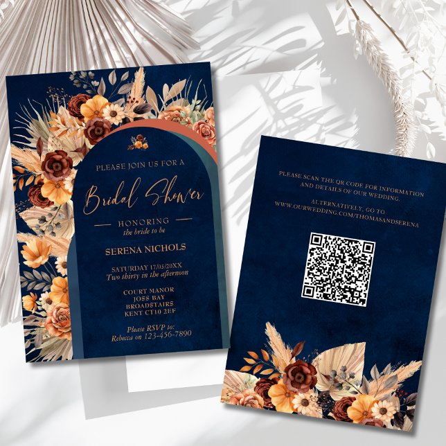 Navy Blue Pampas Grass Bridal Shower Terracotta  Invitation (Creator Uploaded)