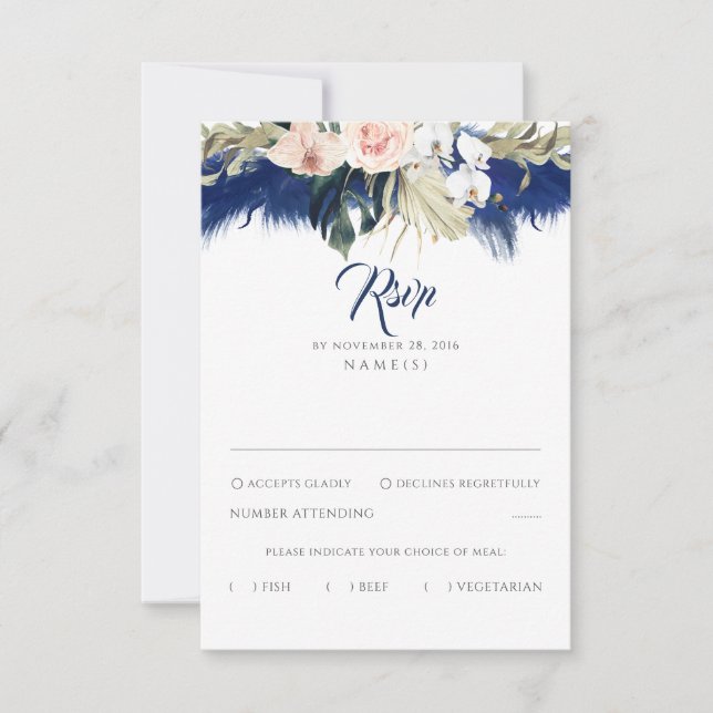 Navy Blue Pampas Grass Floral Tropics Wedding RSVP Card (Front)