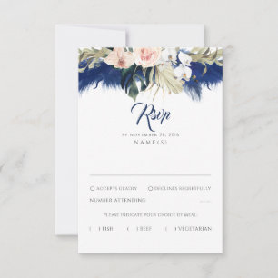 Navy Blue Pampas Grass Floral Tropics Wedding RSVP Card