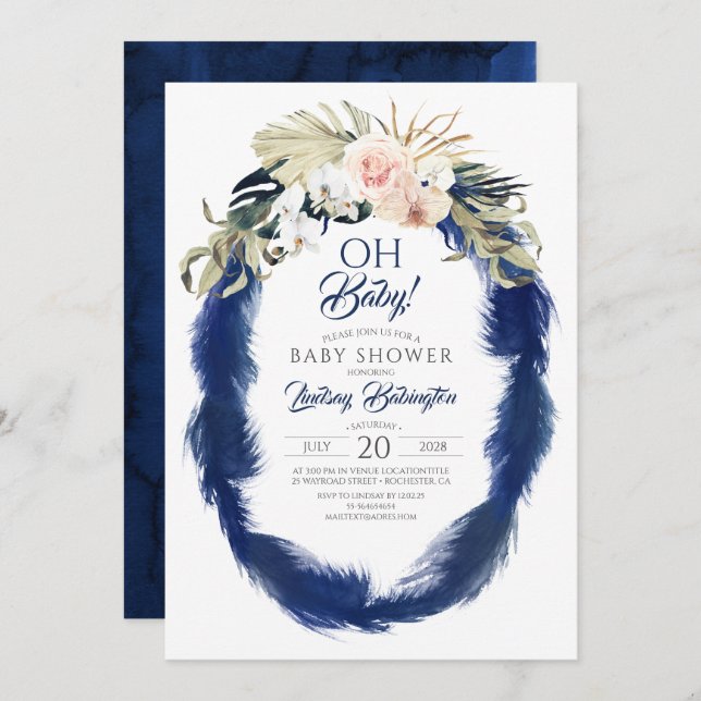 Navy Blue Pampas Grass Tropical Baby Shower Invitation (Front/Back)