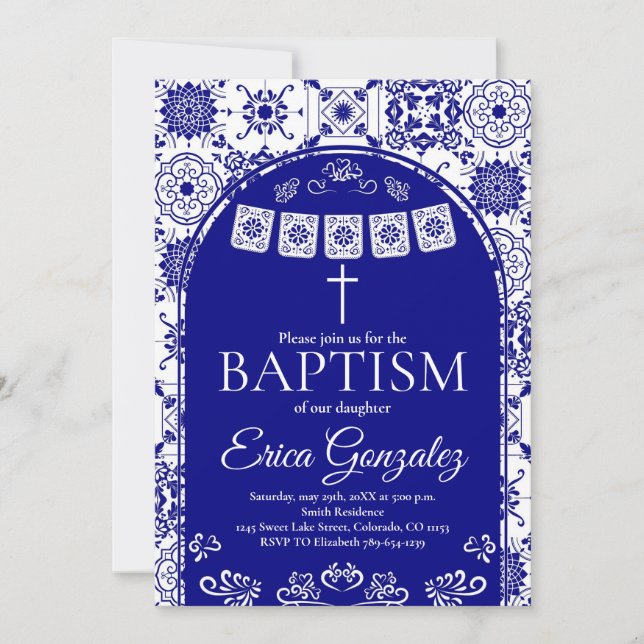 Navy Blue Papel Picado Baptism Invitation (Front)