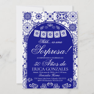 Navy Blue Papel Picado Surprise 50th Birthday Invitation