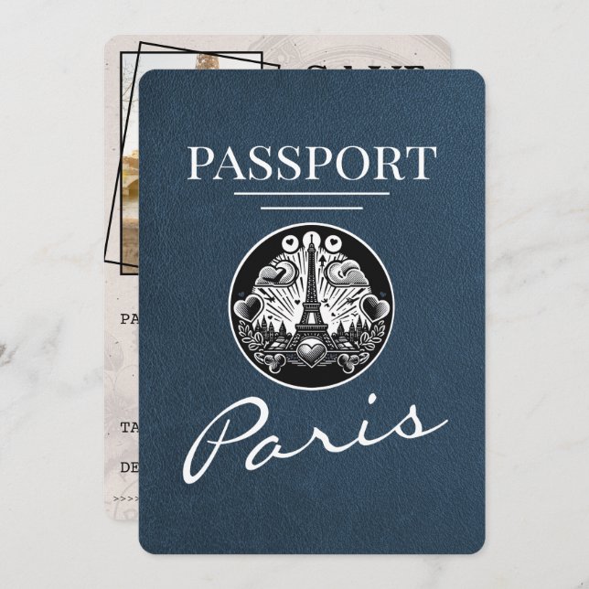 Navy Blue Paris Passport Save The Date (Front/Back)