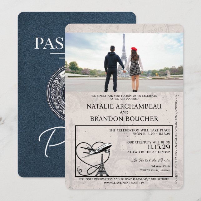 Navy Blue Paris Passport Wedding Invitation (Front/Back)