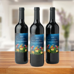 Navy blue parrots tropical house name wine label