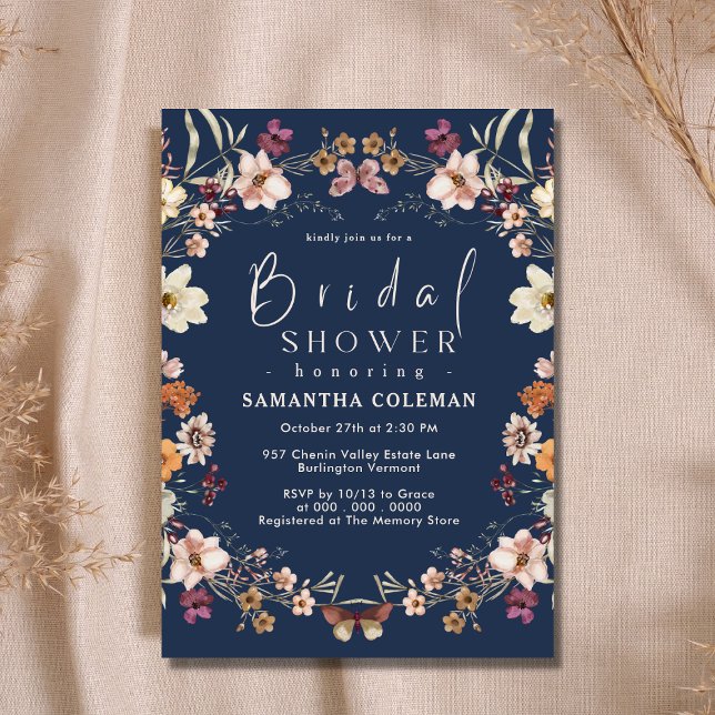 Navy Blue Pastel Wildflower Modern Bridal Shower Invitation (Creator Uploaded)