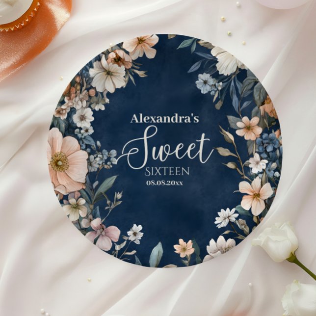 Navy Blue Pastel Wildflowers Sweet 16 Paper Plate (Creator Uploaded)