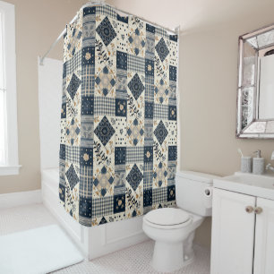 Navy Blue Patchwork Quilt Rustic Floral Retro  Shower Curtain