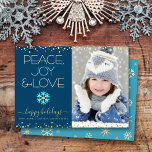 Navy Blue Peace Joy Love Photo Snowflake Real Gold<br><div class="desc">“Peace, joy & love.” A fun, playful, real gold foil and turquoise blue snowflake illustration, real gold foil confetti dots, and real gold foil and turquoise modern typography on a navy blue background, along with the custom photo of your choice, help you usher in the holiday season. A random faux...</div>