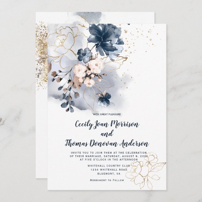 Navy Blue, Peach, and Gold Watercolor Floral Invitation (Front/Back)