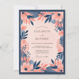 Navy Blue Peach Bold Floral Wedding Invitation