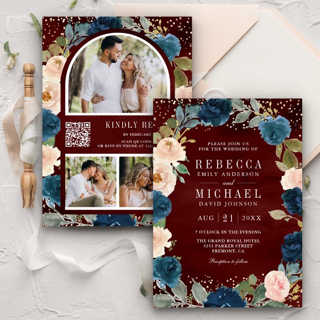 Navy Blue Peach Floral Burgundy QR Code Wedding Invitation (Creator Uploaded)