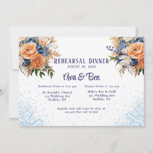  Navy Blue Peach Floral Glitter Rehearsal Dinner Invitation