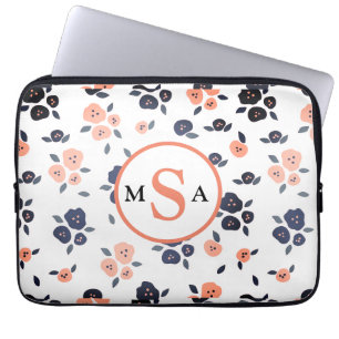 Navy Blue Peach Floral Monogram Initials Farmhouse Laptop Sleeve