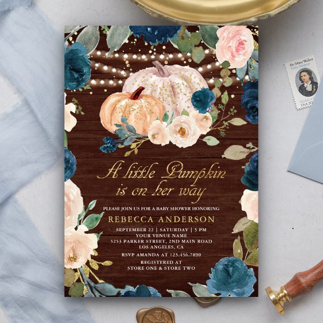 Navy Blue Peach Floral Pumpkin Wood Baby Shower Invitation (Creator Uploaded)