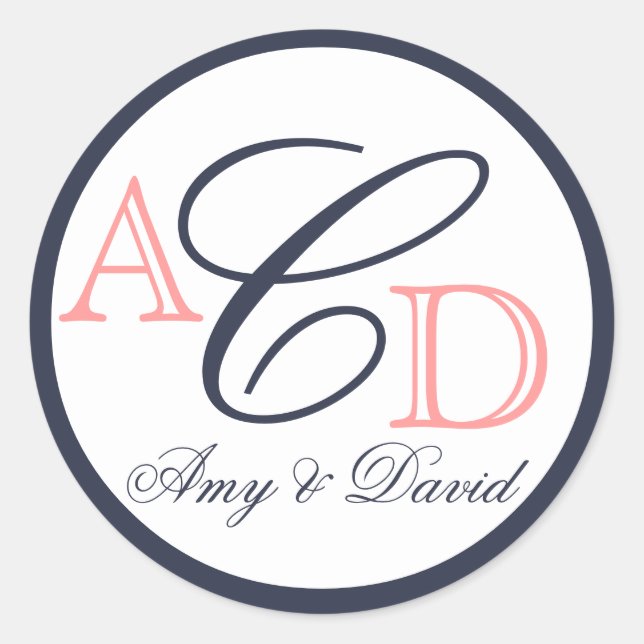 Navy Blue, Peach, Initials Names Wedding Classic Round Sticker (Front)