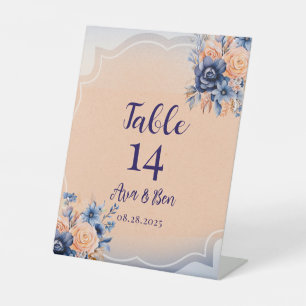 Navy Blue Peach Painted Floral Table Numbers Pedestal Sign
