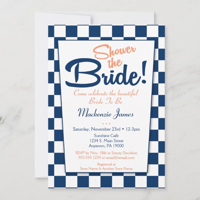 Navy Blue Peach Retro 50s Bridal Shower Invitation (Front)