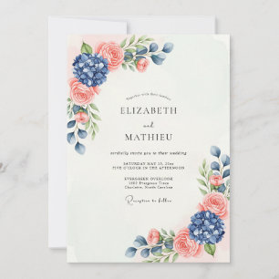 Navy Blue Peach Sublime Botanical Wedding Invitation