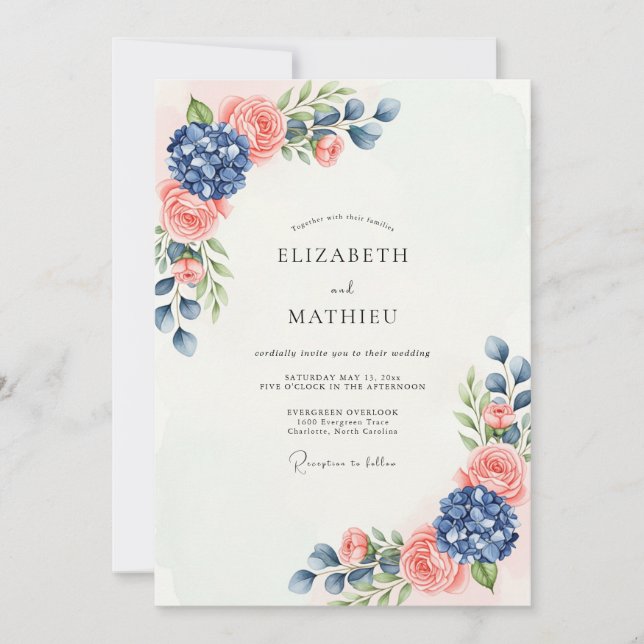 Navy Blue Peach Sublime Botanical Wedding Invitation (Front)