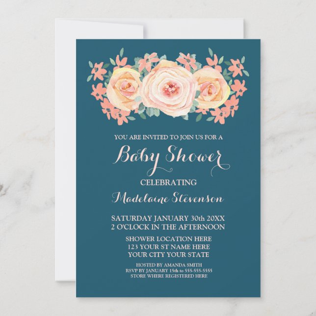 Navy Blue Peach Watercolor Floral Baby Shower Invitation (Back)