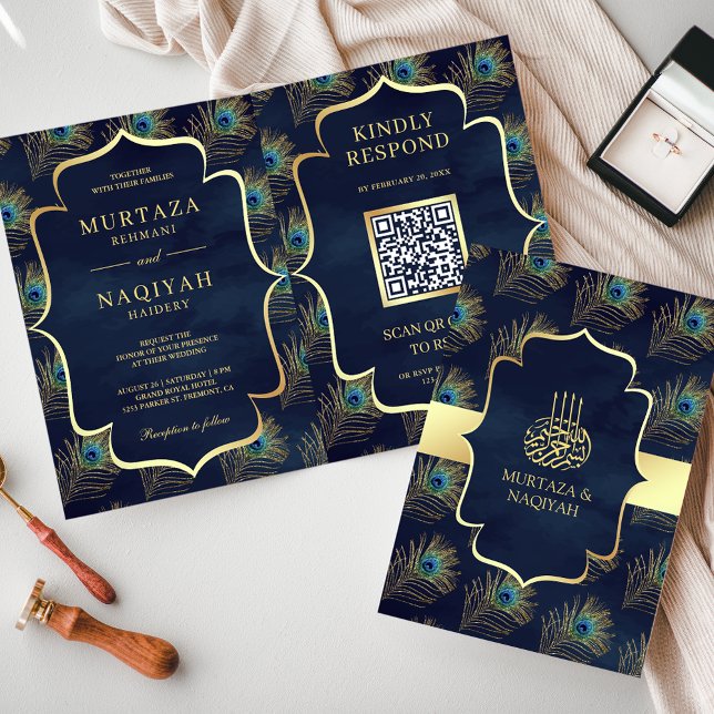 Navy Blue Peacock Feathers QR Code Muslim Wedding Invitation (Creator Uploaded)
