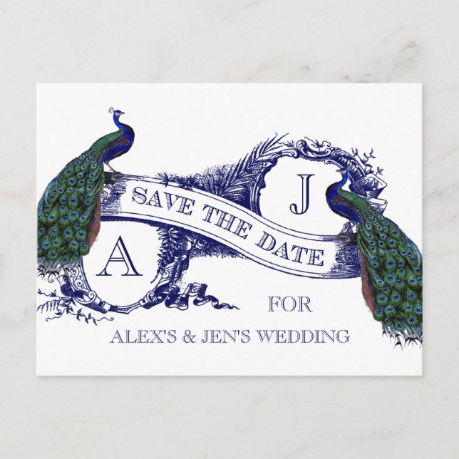 Navy Blue Peacock Save the Date Announcement Postcard (Front)