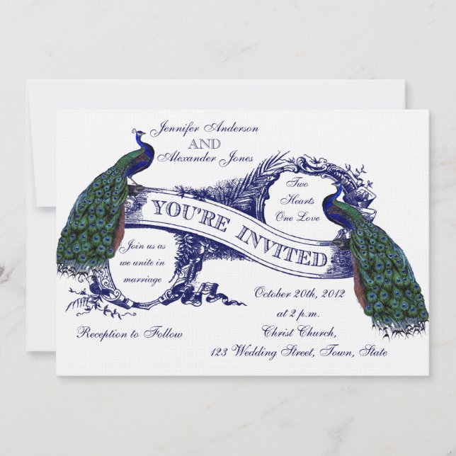 Navy Blue Peacocks Vintage Wedding Invitation (Front)