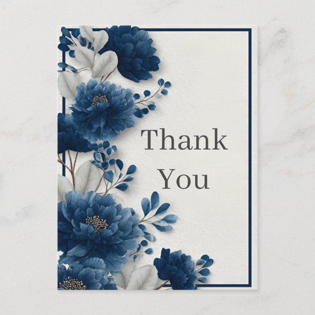 Navy Blue Peonies Thank You Card (Front)