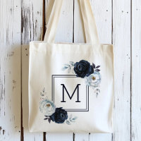 Navy Blue Peony Floral Monogram 