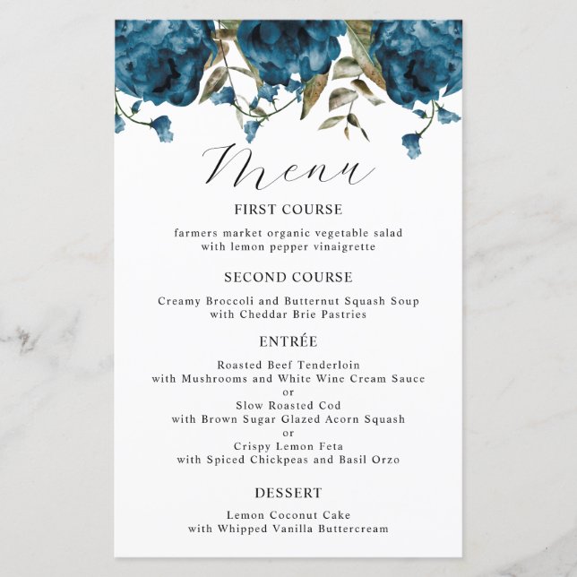 Navy Blue Peony Flower Wedding Dinner Menu (Front)