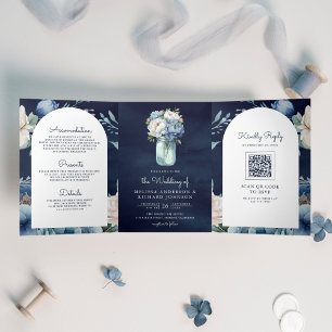 Navy Blue Peony Mason Jar QR Code Wedding Tri-Fold Invitation