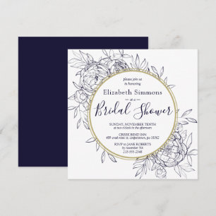 Navy Blue Peony Modern Toile Bridal Shower Invitation