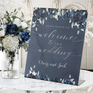 Navy Blue Peony Silver Calligraphy Welcome Wedding Pedestal Sign