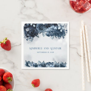 Navy Blue Peony Silver Eucalyptus Greenery Wedding Napkin