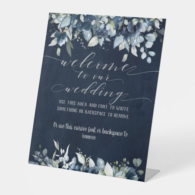 Navy Blue Peony & Silver Fancy Font Calligraphy Pedestal Sign (Front)