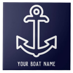 Navy Blue Personalised Boat Anchor Ceramic Tile