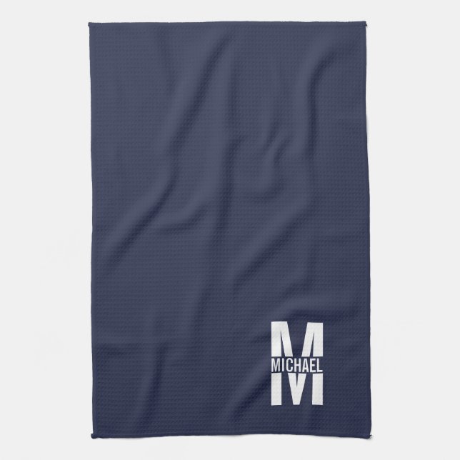 Navy Blue Personalised Bold Monogram and Name Tea Towel (Vertical)