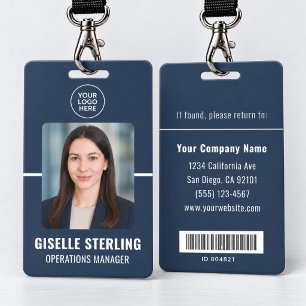 Navy Blue Personalised Employee Bar Code ID Card Badge
