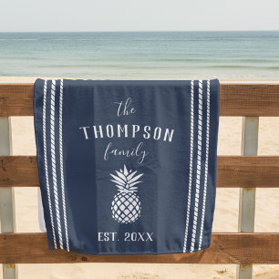 Navy Blue Personalised Family Name Pineapple Beach Towel