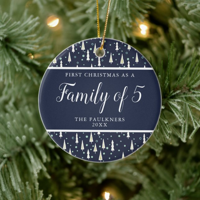 Navy Blue Personalised Family of Five 3rd Baby Ceramic Tree Decoration (Tree)