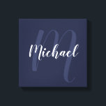 Navy Blue personalised Monogram and Name Canvas Print<br><div class="desc">Personalised Monogram and Family Name Gift
featuring name in white modern script font style and monogram in light navy blue modern script font style as background on navy blue background.</div>