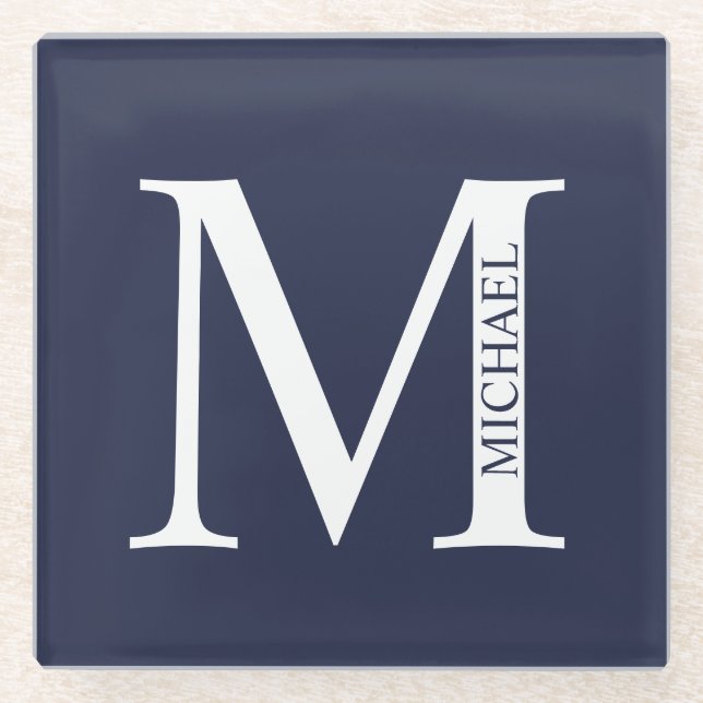 Navy Blue Personalised Monogram and Name Glass Coaster (Front)