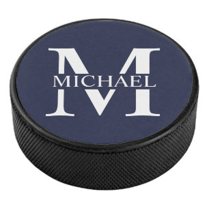Navy Blue Personalised Monogram and Name Hockey Puck