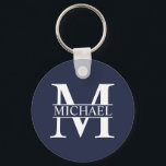 Navy Blue Personalised Monogram and Name Key Ring<br><div class="desc">Personalised Monogram and Name Gifts
featuring personalised white monogram in classic serif font style with box of name in the middle of monogram on navy blue background.

Perfect as father's day gifts for dad,  thank you gifts for groomsmen and more.</div>