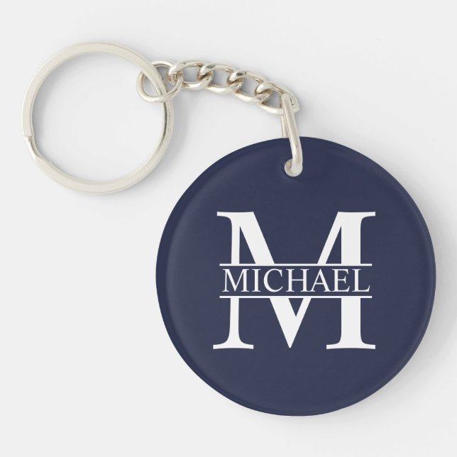 Navy Blue Personalised Monogram and Name Key Ring (Front)