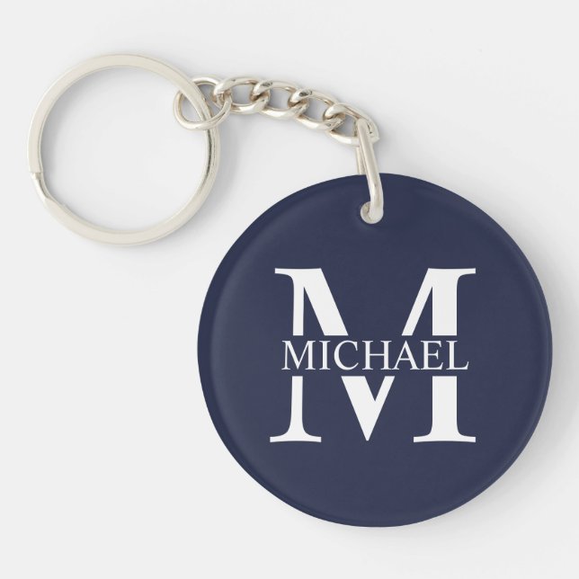 Navy Blue Personalised Monogram and Name Key Ring (Front)