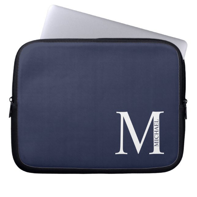 Navy Blue Personalised Monogram and Name Laptop Sleeve (Front)